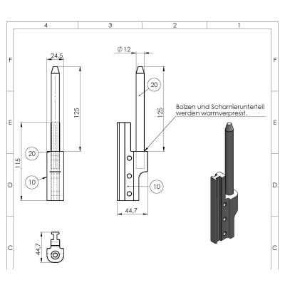 Кронштейн шарніра задньої двері, на стійку, L=125 mm 